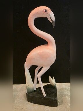 Handmade Pink Flamingo 7.5" Figurine Sculpture on Wood Base
